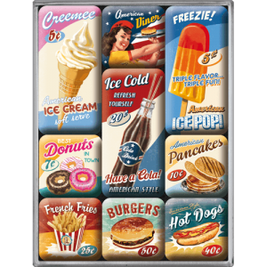Set de 9 magnets : Vintage Usa American Diner : hamburger, hot-dog, donut, cola, pancake