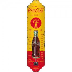 Thermomètre : Coca-Cola petite bouteille sur fond jaune et rouge