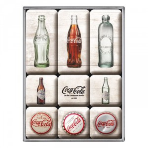Set de 9 magnets : Bouteilles et capsules Coca-Cola au fil du temps