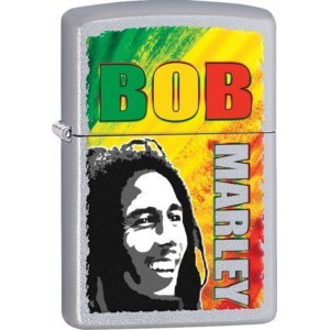 Briquet essence Zippo Bob Marley en gros plan sur fond multicolore