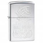 Briquet essence Zippo Harley Davidson logo bar and shield avec tribal fond "high polish chrome"