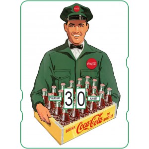 Calendrier perpétuel cartonné Coca-Cola : livreur d'un casier de 24 petites bouteilles