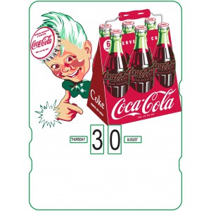 Calendrier perpétuel cartonné Coca-Cola : petit garçon avec son cageot de 6 bouteilles