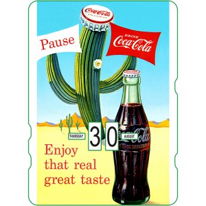 Calendrier perpétuel cartonné Coca-Cola : pause dans le désert avec ses cactus