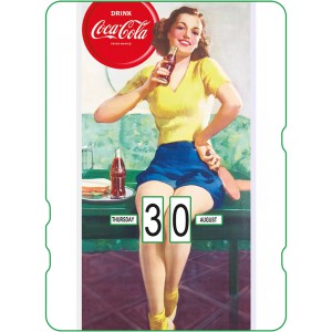 Calendrier perpétuel cartonné Coca-Cola : Pin-up qui prend son lunch pendant le sport