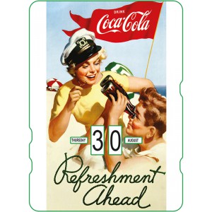 Calendrier perpétuel cartonné Coca-Cola : un jeune couple à la plage