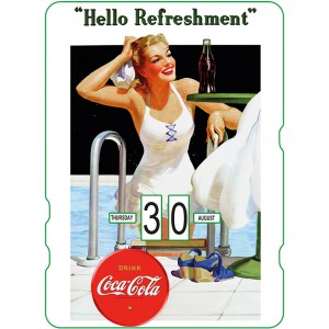 Calendrier perpétuel cartonné Coca-Cola : Pin-up à la piscine