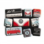 Set de 9 magnets : VW (Volkswagen) Beetle bleue & T1 Bulli rouge