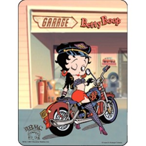 Plaque en métal 30 X 40 cm : Betty Boop au garage avec sa moto