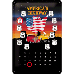 Plaque en métal 20 X 30 cm Route 66 : calendrier perpétuel drapeau américain