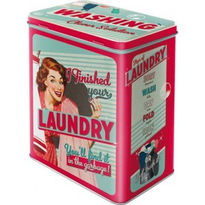 Boîte en métal rectangulaire Vintage années 50 "J'ai fini la lessive..."